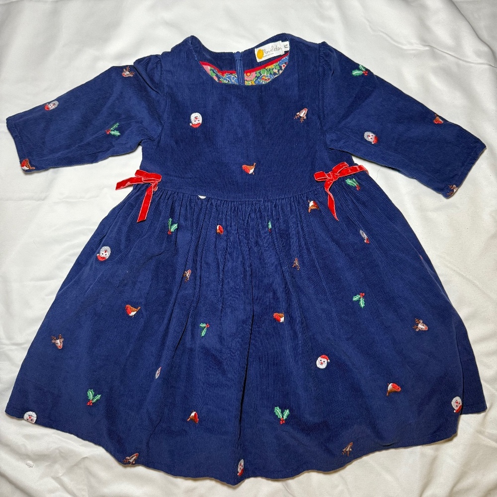 Mini Boden Christmas Dress 5/6Y Girls Embroidered Reindeer Santa Mistletoe